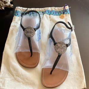 T-Strap Black Leather Sandals with Silver/Crystal Embellished T Logo